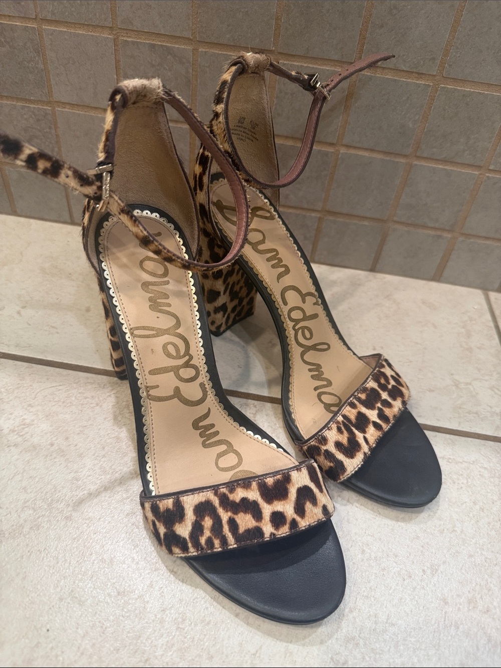 Sam Edelman Leopard Ankle-Strap Block Heel Sandals - Brown/Black